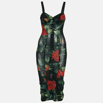 Pre-owned Dolce & Gabbana Black Rose Print Stretch Mesh Sheer Bodycon Dress Xs