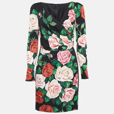 Pre-owned Dolce & Gabbana Black Rose Print Stretch Silk Mini Dress M |  ModeSens