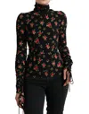 DOLCE & GABBANA BLACK ROSE PRINT TURTLE NECK BLOUSE TOP