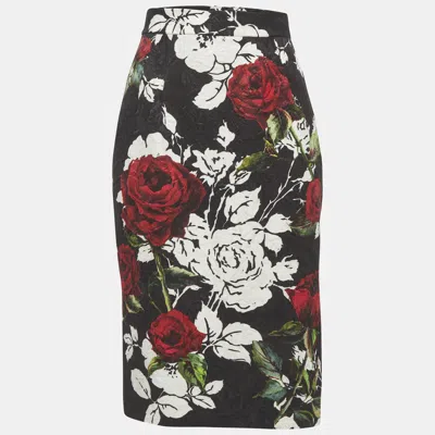 Pre-owned Dolce & Gabbana Black Rose Printed Jacquard Pencil Skirt S