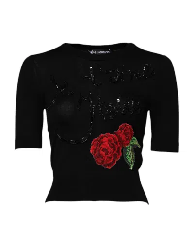 Pre-owned Dolce & Gabbana Black Rose Sequin Embellishments Blouse Women's Top ()