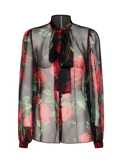 Dolce & Gabbana Black Rose-print Silk Chiffon Blouse