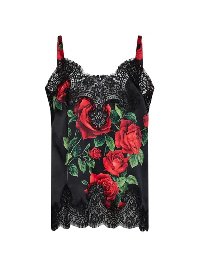 Dolce & Gabbana Black Rose-print Silk Satin Top With Lace