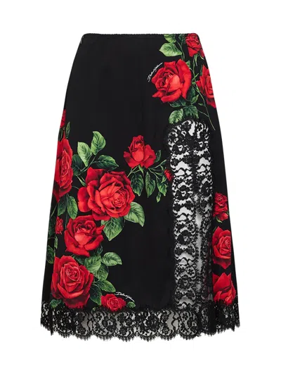 Dolce & Gabbana Black Rose-print Silk-blend And Black Flared Midi Skirt