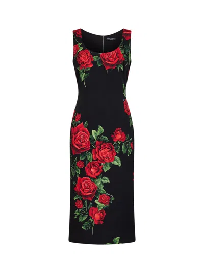 Dolce & Gabbana Black Rose-print Stretch Charmeuse Midi Sheath Dress