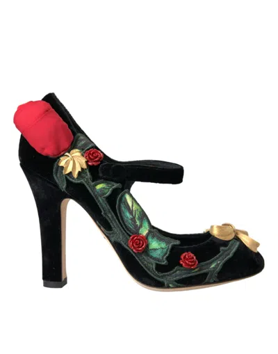 DOLCE & GABBANA BLACK ROSES CRYSTAL BROOCH MARY JANE SHOES