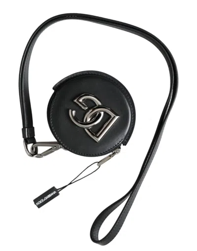 Dolce & Gabbana Black Round Leather Dg Logo Coin Purse Lanyard Wallet