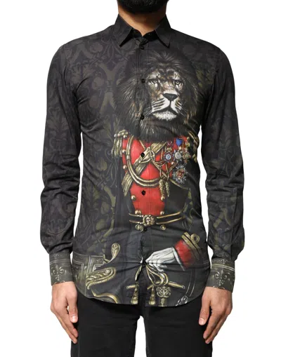 Dolce & Gabbana Black Royal Pet Portrait Gold Dress Shirt
