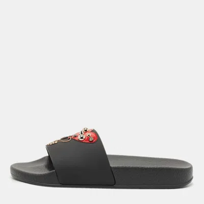 Pre-owned Dolce & Gabbana Black Rubber And Leather Patch Pool Slides Size 37