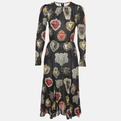 Pre-owned Dolce & Gabbana Black Sacred Hearts Print Crepe Flared Midi Dress S
