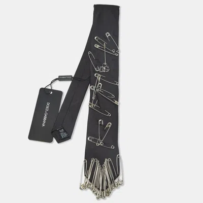 Pre-owned Dolce & Gabbana Black Safety Pin Embellished Satin Skinny Tie