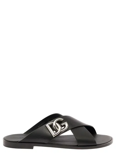 Dolce & Gabbana Black Sandals With Criss Cross Bands And Logo Detail In Leather Man