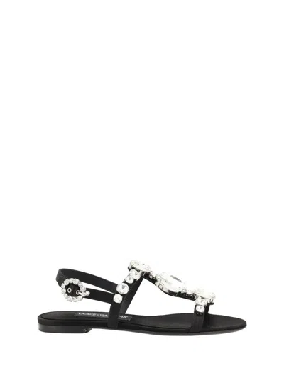 DOLCE & GABBANA BLACK SANDALS WITH EMBROIDERED STONES DECORATIONS
