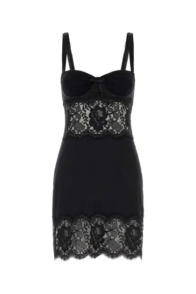 Dolce & Gabbana Satin Dress Featuring Lace And Sheer Panels In Black