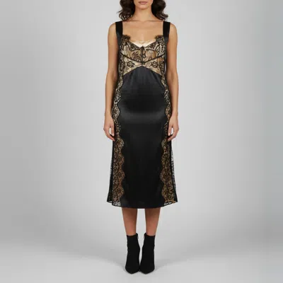 Pre-owned Dolce & Gabbana Black Satin And Lace Strappy Midi Dress L