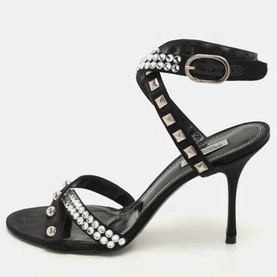 Pre-owned Dolce & Gabbana Black Satin Crystal And Studs Embellished Ankle Strap Sandals Size 40