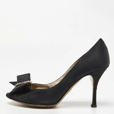 Pre-owned Dolce & Gabbana Black Satin Crystal Embellished Peep Toe Pumps Size 37.5