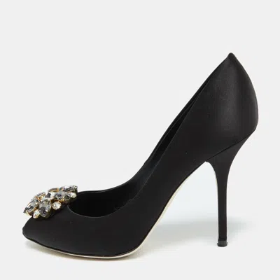 Pre-owned Dolce & Gabbana Black Satin Crystal Embellished Peep Toe Pumps Size 39.5