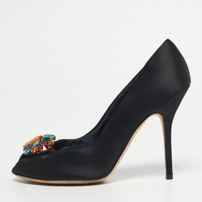 Pre-owned Dolce & Gabbana Black Satin Crytal Embellished Open Toe Pumps Size 40