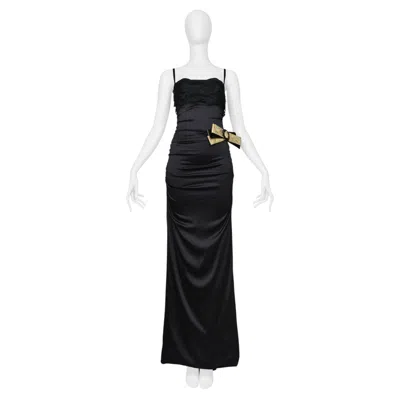 Pre-owned Dolce & Gabbana Black Satin Dress Evening Gown With Lace And Gold Bow