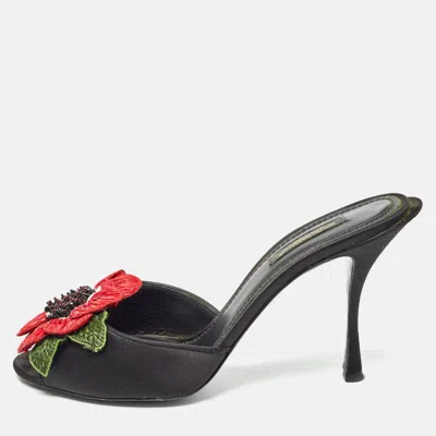 Pre-owned Dolce & Gabbana Black Satin Flower And Crystal Embellished Mules Size 38