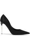 DOLCE & GABBANA BLACK SATIN POINTED TOE PUMPS FOR WOMEN WITH SILVER-TONE LOGO DETAIL