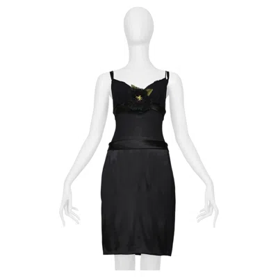 Pre-owned Dolce & Gabbana Black Satin Slip Dress With Flower