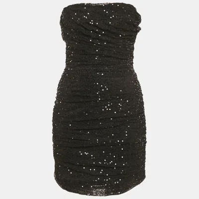 Pre-owned Dolce & Gabbana Black Sequin Embellished Tulle Ruched Strapless Mini Dress M