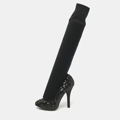 Pre-owned Dolce & Gabbana Black Sequin Platform Sock High Pumps Size 35