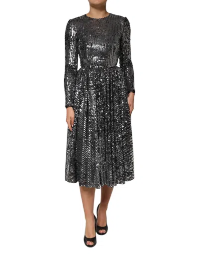 Dolce & Gabbana Black Sequined Long Sleeves Midi A-line  Dress In Gray