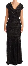 Dolce & Gabbana Black Sequined Open Shoulder Long Gown Dress In Black