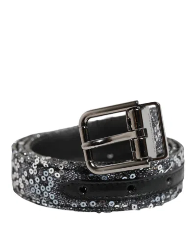 Dolce & Gabbana Black Sequins Silver Metal Logo Buckle Men's Belt