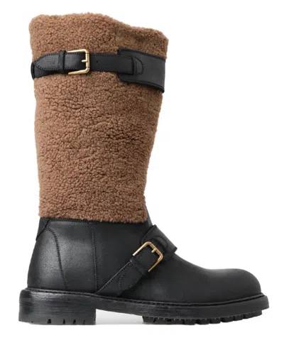 Dolce & Gabbana Shearling Biker Boots Round Toe Mid Calf In Black
