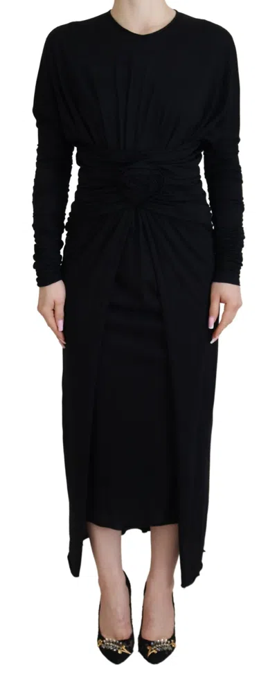 Dolce & Gabbana Black Sheath Midi Gown Wool Wrap Women's Dress