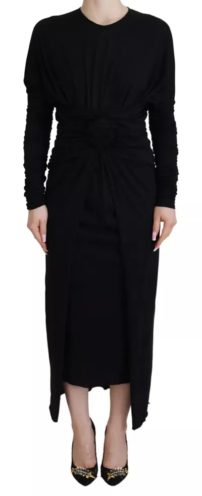 Pre-owned Dolce & Gabbana Black Sheath Midi Gown Wool Wrap Women's Dress ()