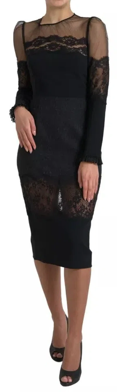 Pre-owned Dolce & Gabbana Black Sheer Floral Lace Sheath Midi Women's Dress ()