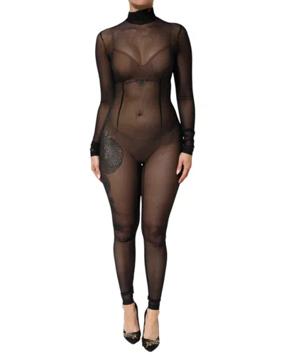 Pre-owned Dolce & Gabbana Black Sheer Mesh Long Sleeve Jumpsuit Bodysuit Women's Dress ()