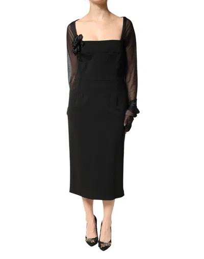 DOLCE & GABBANA BLACK SHEER YOKE ROSETTE SHEATH MIDI DRESS