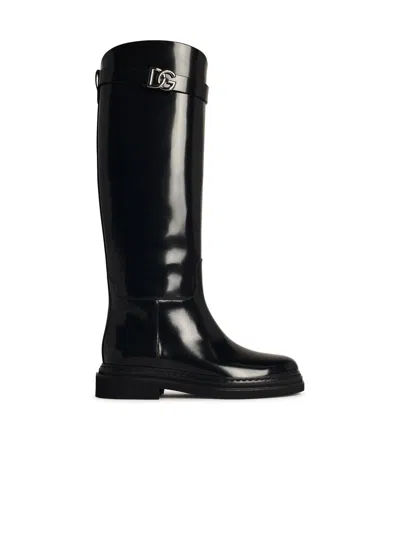 Dolce & Gabbana Shiny Leather Knee-high Boots With Block Heel In Black