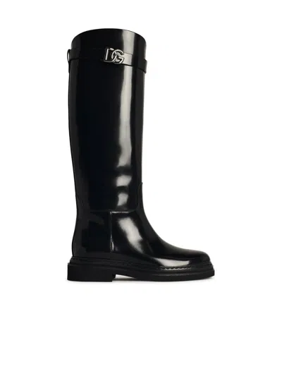 Dolce & Gabbana Shiny Leather Knee-high Boots With Block Heel In Black