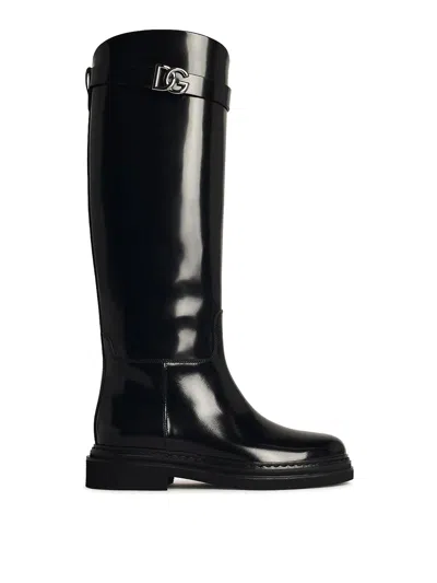 Dolce & Gabbana Shiny Leather Knee-high Boots With Block Heel In Black