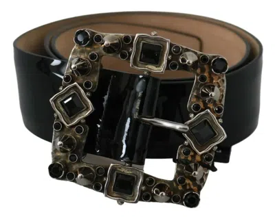 Pre-owned Dolce & Gabbana Black Shiny Leather Crystal Logo Buckle Women's Belt ()