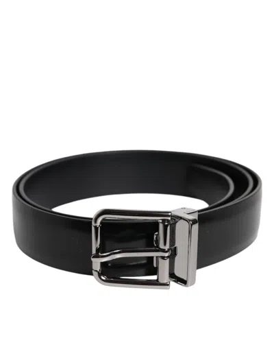 Dolce & Gabbana Black Shiny Leather Silver Metal Buckle Men's Belt