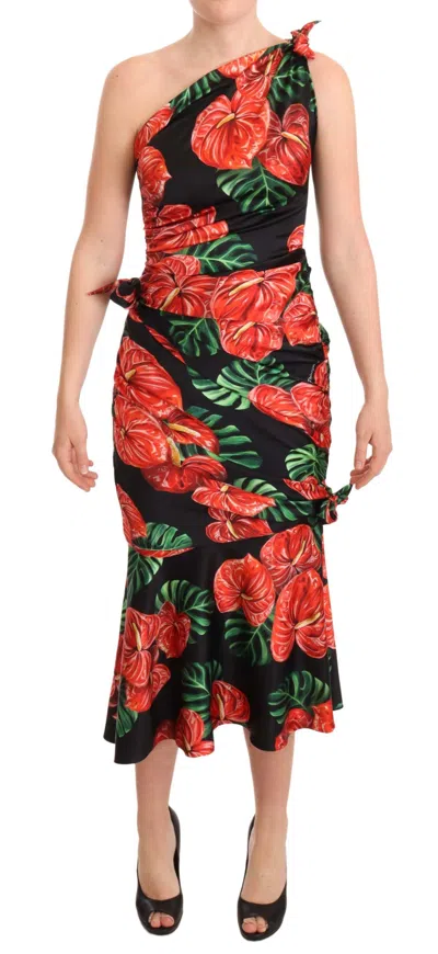 Dolce & Gabbana Black Shiny Silk Floral Print Draped Women's Dress