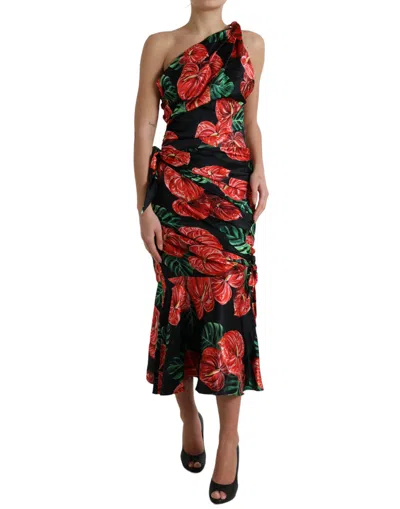 Dolce & Gabbana Black Shiny Silk Floral Print Draped Women's Dress In Multi