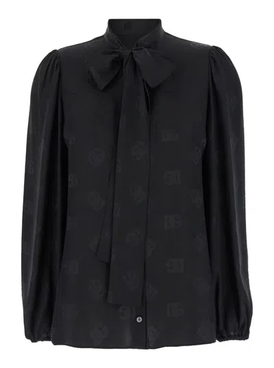 Dolce & Gabbana Black Shirt With Bow And Jacquard Dg Logo In Silk Woman