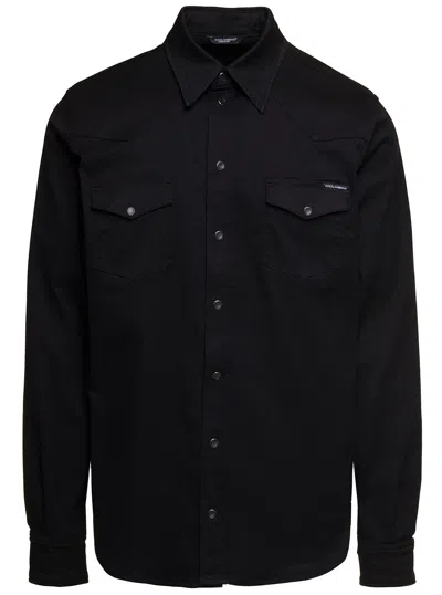 Dolce & Gabbana Black Shirt With Metallic Label In Denim Man