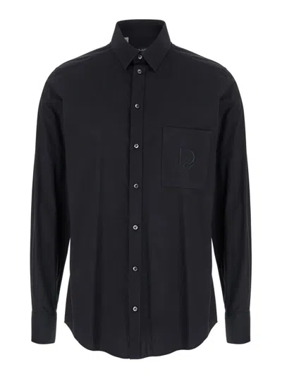 Dolce & Gabbana Black Shirt With Pointed Collar And Logo Detail In Cotton Stretch Man