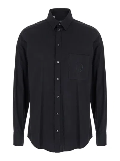 DOLCE & GABBANA BLACK SHIRT WITH POINTED COLLAR AND LOGO DETAIL IN COTTON STRETCH MAN