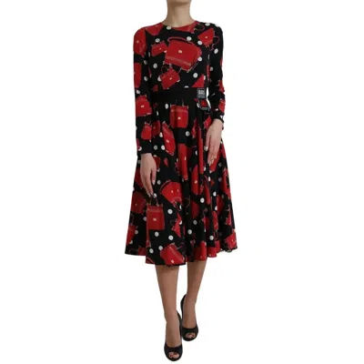 Pre-owned Dolce & Gabbana Black Sicily Bag Print Flared Midi Women's Dress () In Black And Red